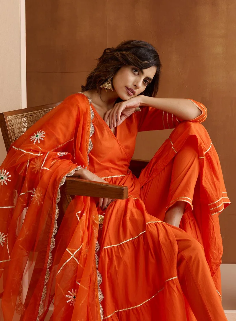ISHIN  Women's Orange 100% Cotton Embroidered Tunic Full Length Casual Straight Fit Kurta Set for Women | Best Price UAE